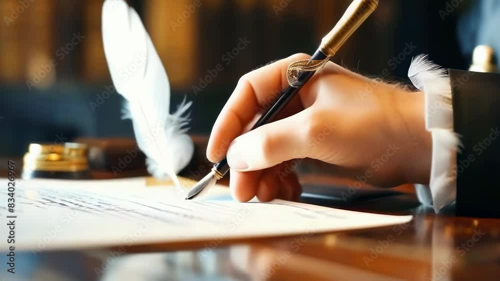 Close-up of a person's hand using a quill pen to write on parchment paper in a historical setting. The scene suggests an old, vintage atmosphere with warm lighting.