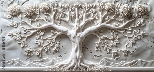 3D relief white tree wallpaper mural wall. AI generated illustration