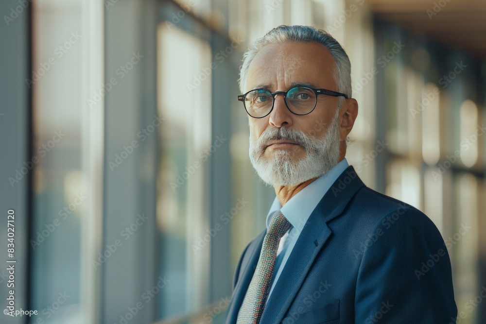 Fototapeta premium Mature tax consultant, confident, professional, digital SLR, standard zoom, daytime, office portrait, digital, high realism, soft light. , background blur