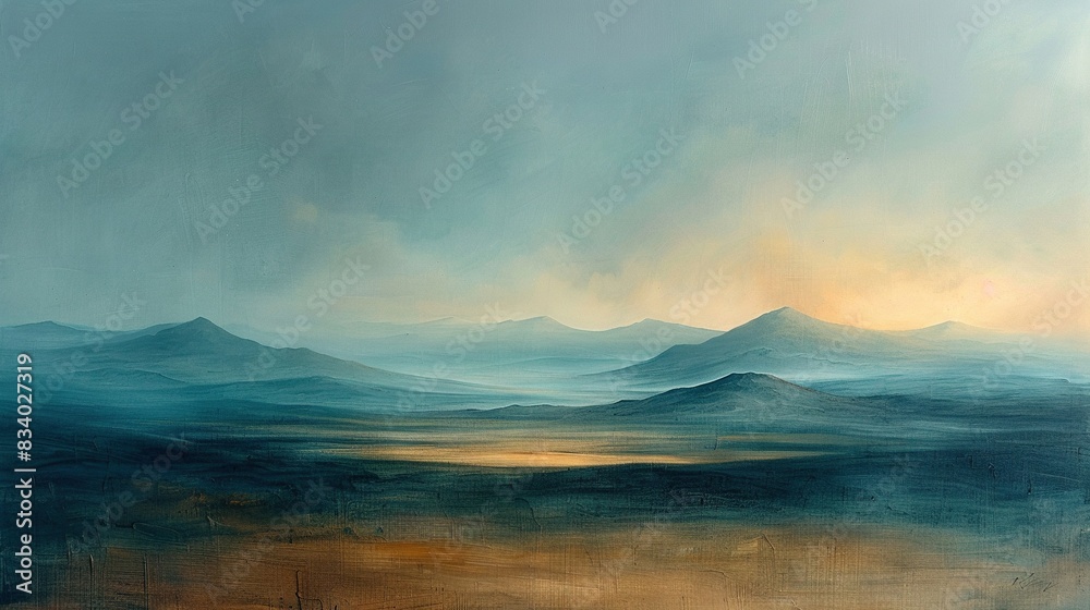   A painting depicts a mountainous landscape with a cloud-filled sky, blending shades of yellow and blue