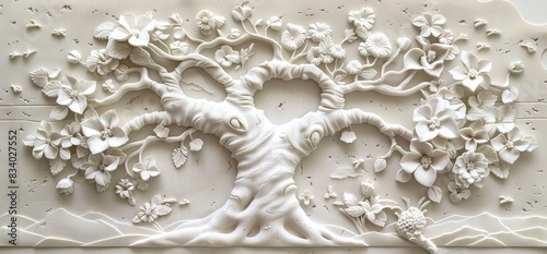 3D relief white tree wallpaper mural wall. AI generated illustration