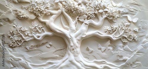3D relief white tree wallpaper mural wall. AI generated illustration