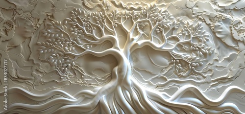 3D relief white tree wallpaper mural wall. AI generated illustration