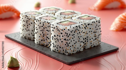  A collection of sushi rolls resting atop a black platter situated atop a pink backdrop, alongside individual sushi pieces