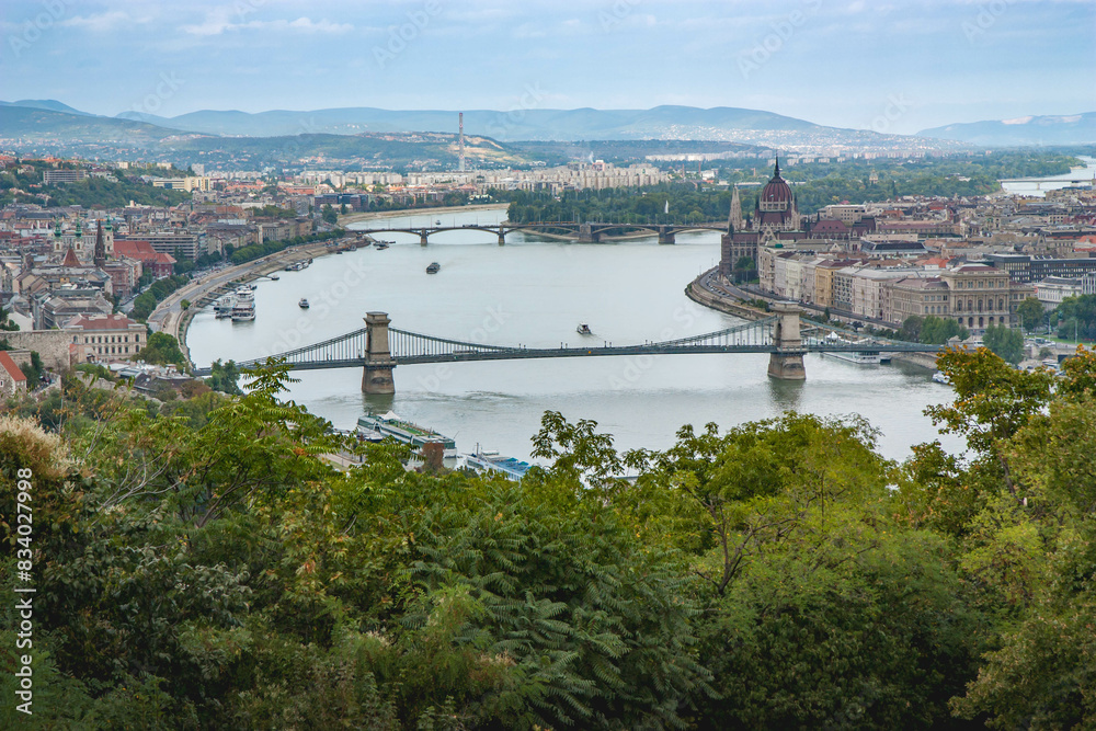 Fototapeta premium Cityscape with Danube river and chain bridge in the middle.