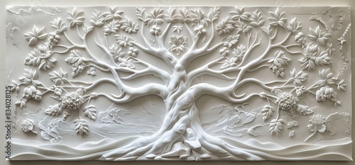 3D relief white tree wallpaper mural wall. AI generated illustration