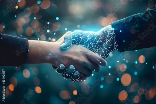 A digital handshake between two hands, one human and the other an AI robot with data connections in background, symbolizing modern technology's role