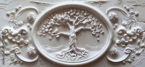 3D relief white tree wallpaper mural wall. AI generated illustration
