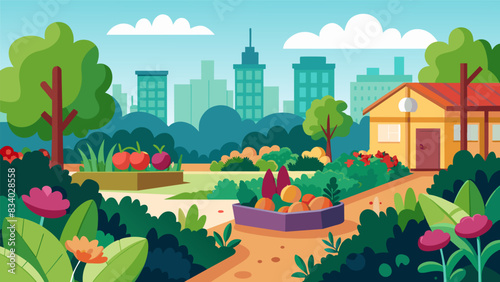 A onceabandoned lot now blooming with an array of flowers and vegetables thanks to the tireless efforts of local urban gardeners.. Vector illustration