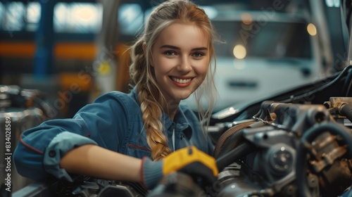 Female Mechanic Working on Truck in Garage © MIKHAIL