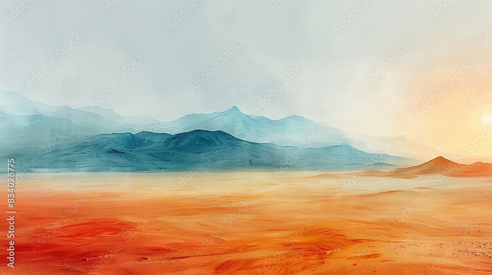   A desert landscape painting with distant mountains and a bright sun in the sky