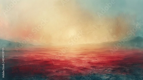  A painting of a red and blue ocean with a yellow and white sky in the background, and a red and blue ocean in the foreground