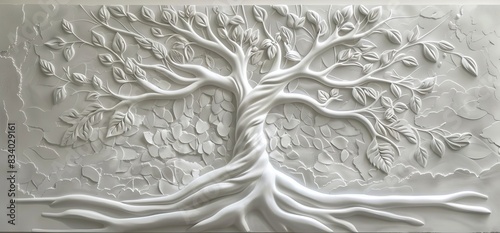 3D relief white tree wallpaper mural wall. AI generated illustration