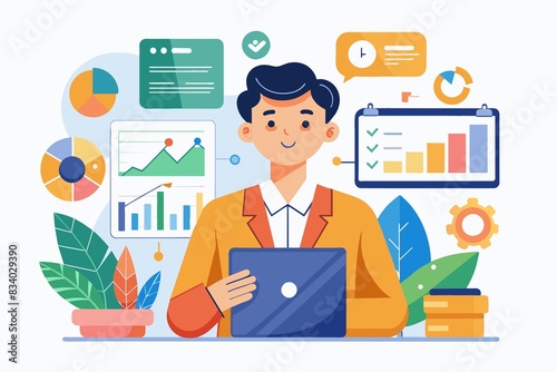 Marketing specialist with charts and graphs, flat illustration