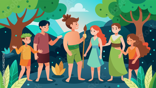 The audience is transported to the Garden of Eden as a group of teens act out the story of Adam and Eve and the consequences of disobedience.. Vector illustration