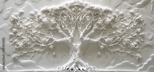 3D relief white tree wallpaper mural wall. AI generated illustration