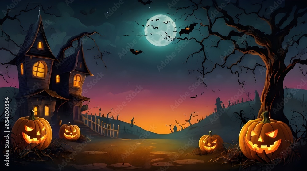 Fototapeta premium A beautiful haunted house Halloween illustration. Generative AI