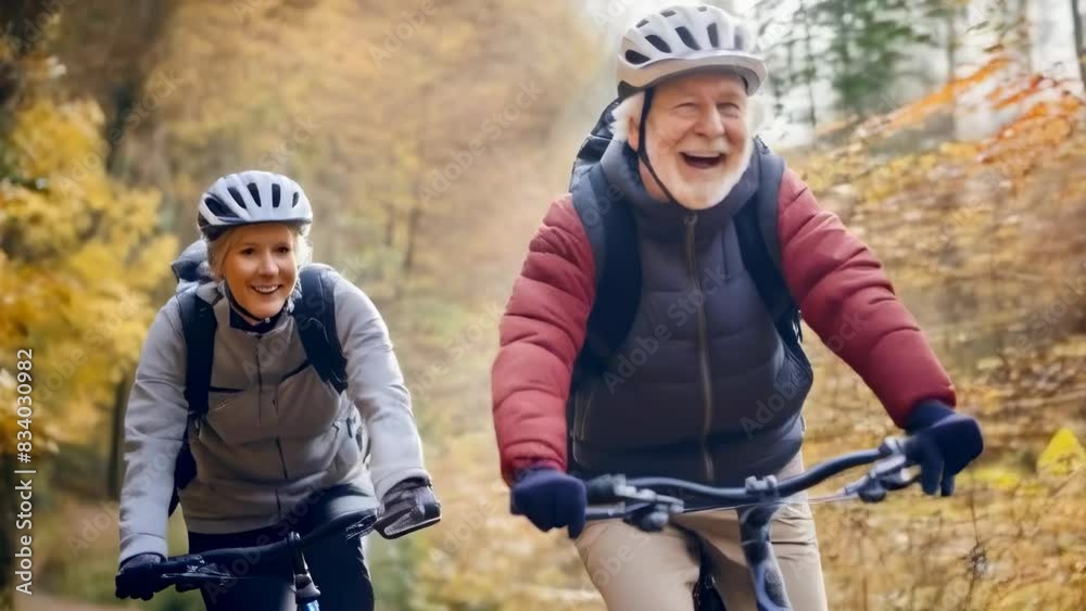 An elderly caucasian couple enjoying a bicycle ride in an autumn park. It's daytime, and they are dressed in helmets, gloves, and warm jackets. The background features fall foliage. An elderly caucasian couple enjoying a bicycle ride in an autumn park. It's daytime, and they are dressed in helmets, gloves, and warm jackets. The background features fall foliage.