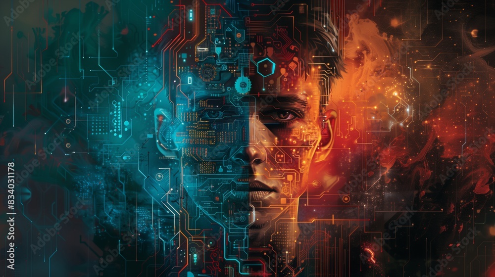 Mans Face Surrounded by Circuit Board Mans Face Surrounded by Circuit Board