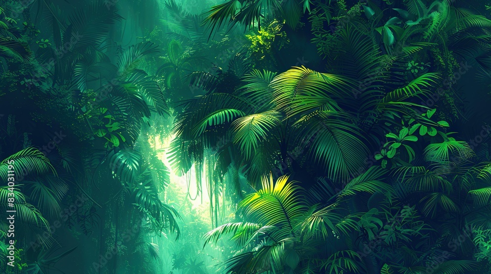 Obraz premium A vibrant depiction of a lush jungle landscape, featuring numerous verdant trees and foliage in the foreground, and a brilliant beam of light emanating from the horizon