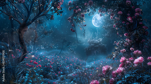 A panoramic view of a surreal garden with twisting vines and fantastical flowers, illuminated by soft moonlight and surrounded by ethereal mist, providing an enchanting background for mystical tales © EEKONG
