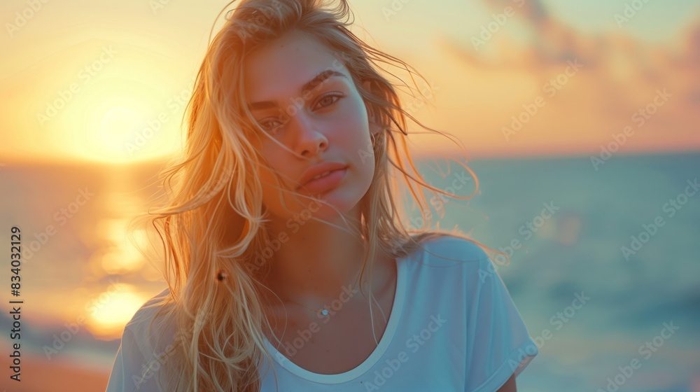 Woman Standing Beach Sunset Woman Standing Beach Sunset