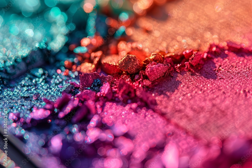 Detailed view of vibrant pink, blue, and green glitter on an eyeshadow palette with rich hues and varied texture. Generative AI Detailed view of vibrant pink, blue, and green glitter on an eyeshadow palette with rich hues and varied texture. Generative AI