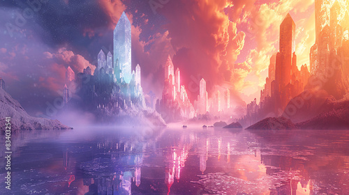 A surreal dreamscape with towering crystalline structures and shimmering pools of water, reflecting the colors of the rainbow and casting a magical glow over the landscape, creating a fantastical © EEKONG