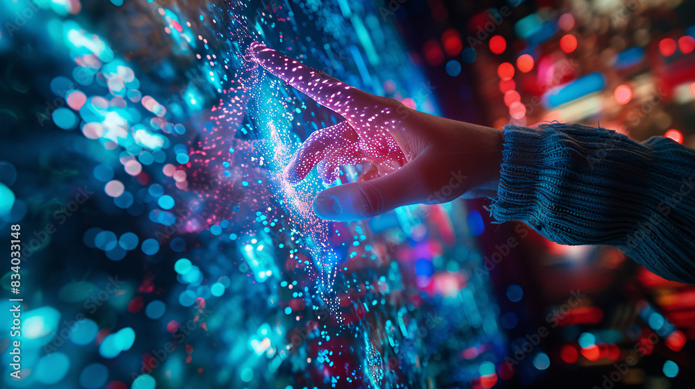 Obraz premium Close-up of a student's hand reaching out to touch a virtual reality interface, with abstract digital projections depicting immersive educational experiences and interactive learning environments in