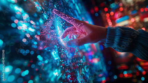 Close-up of a student's hand reaching out to touch a virtual reality interface, with abstract digital projections depicting immersive educational experiences and interactive learning environments in