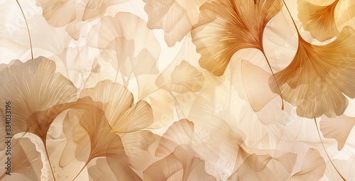 Fototapeta Naklejka Na Ścianę i Meble -  Japanese style line art floral pink pattern with watercolor blossom poppies flowers, leaves and gold lines on watercolor background. AI generated illustration