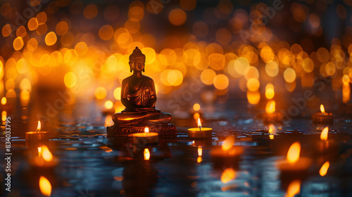 Buddhist meditation practice  with soft focus photography capturing the serene ambiance of a candlelit shrine or meditation room  inviting viewers to cultivate