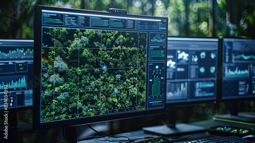 Close-up of a computer monitor displaying AI models analyzing satellite imagery of forests and ecosystems, highlighting the role of artificial intelligence in monitoring and managing ecological