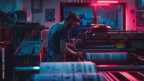 Man Repairing Printer in Dimly Lit Space photo