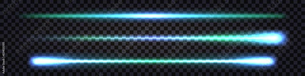 Fototapeta premium Neon glowing laser beams, neon sticks with blue and teal light effect. Ray lines with flash burst and lightning thunder bolt effect. Vector isolated transparent