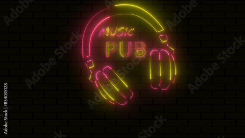Ellipse Neon Light Frame with Pub Sign in front of brick wall. 3d Rendering