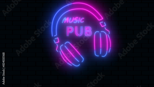 Ellipse Neon Light Frame with Pub Sign in front of brick wall. 3d Rendering