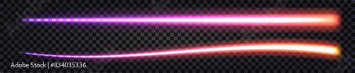 Neon light glow laser beam stick, synthwave purple fiery thunder bolt, electric llines with neon effect, shiny border. Vector isolated transparent