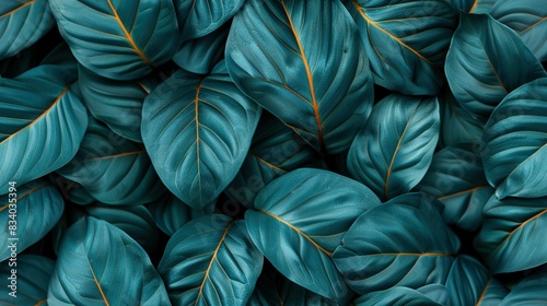   A photo of a cluster of green leaves with gold borders is a deep teal shade