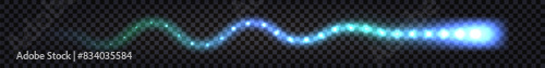 Neon wave swirl, light glowing blue and green trail. Cyber laser futuristic synthwave dynamic wave with flash light impulseand sparkles. Vector isolated transparent on dark background
