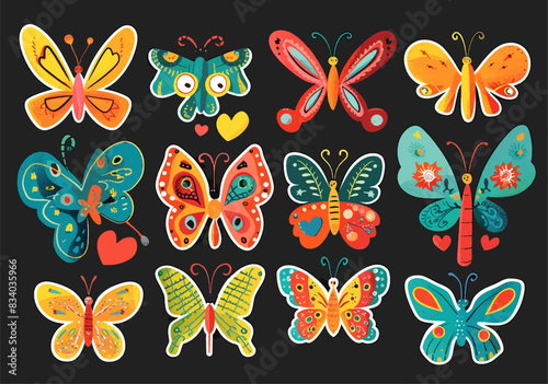 Bright cute funny characters with hearts. A big set of risoprint style stickers with butterflies. Illustration Isolated on a black background.
