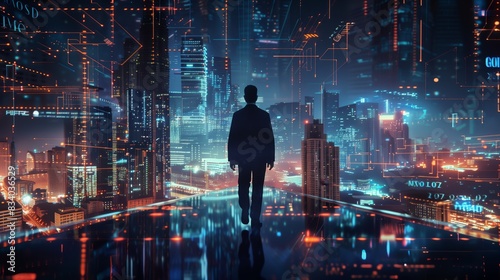Businessman Viewing Cityscape at Night