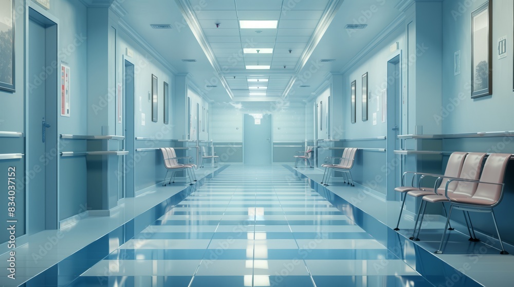 Obraz premium Hospital Hallway With Chairs and Pictures