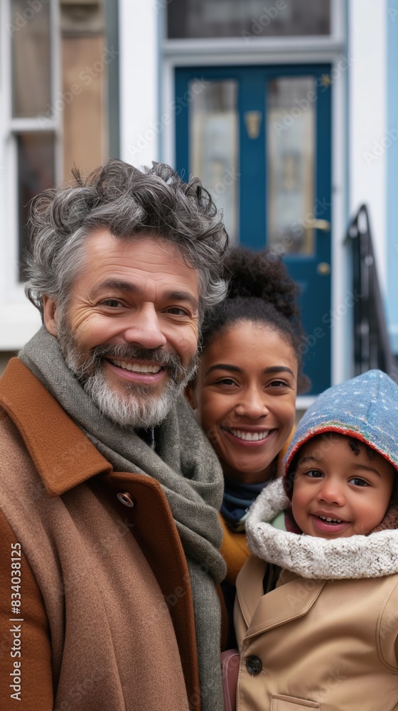 A family of three smiles for the camera in front of a door in a city A family of three smiles for the camera in front of a door in a city
