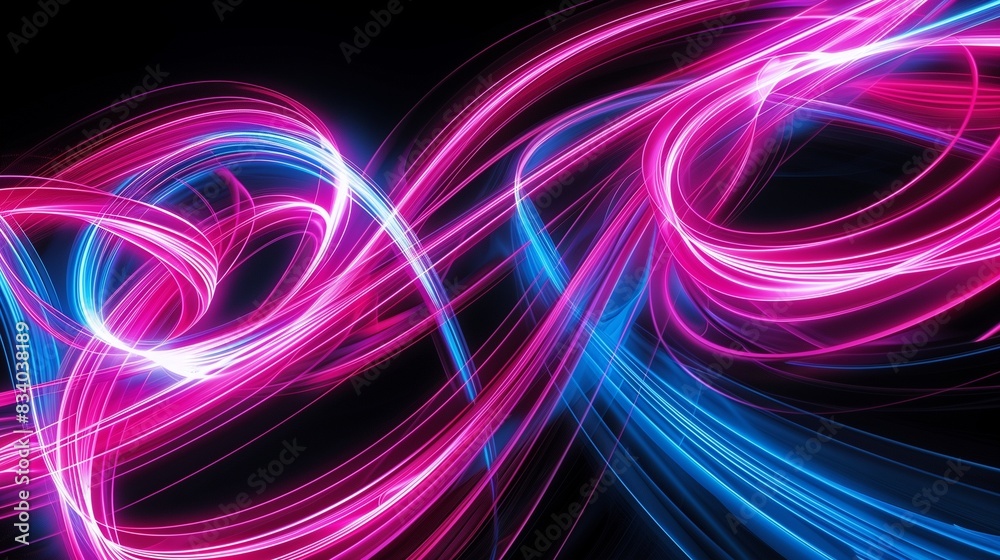 Radiant neon swirls in pink and blue dancing across a black backdrop, their light trails creating a mesmerizing abstract design. Radiant neon swirls in pink and blue dancing across a black backdrop, their light trails creating a mesmerizing abstract design.