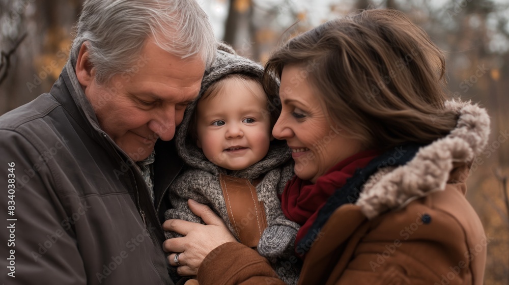 Obraz premium A family portrait of a couple and their baby in a wooded area during fall