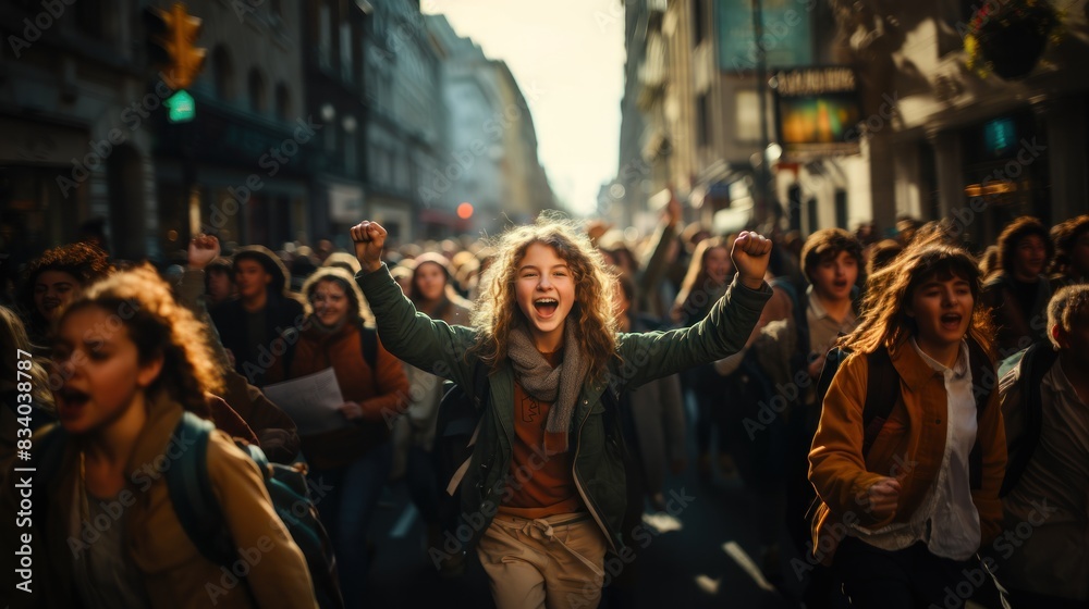 An exuberant young girl leads a vibrant street protest, her arms raised high in a victory gesture An exuberant young girl leads a vibrant street protest, her arms raised high in a victory gesture