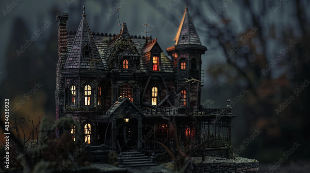 Fototapeta premium A detailed view of a haunted house model, focusing on the spooky details and decorations.