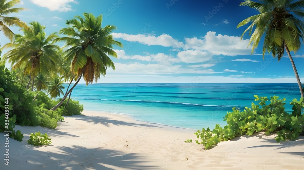 Tropical Beach Scene With Palm Trees and Clear Blue Water Generative AI Tropical Beach Scene With Palm Trees and Clear Blue Water Generative AI