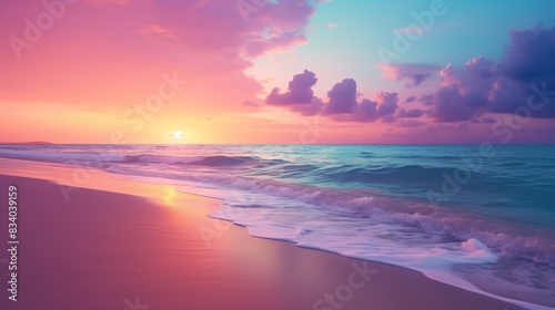 Beautiful Sunset Over a Serene Beach with Twilight Colors and Calm Waves